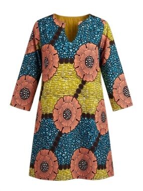 Handmade African Wax Print Floral Tunic Dress | Vibrant Ankara Split Neck Shift